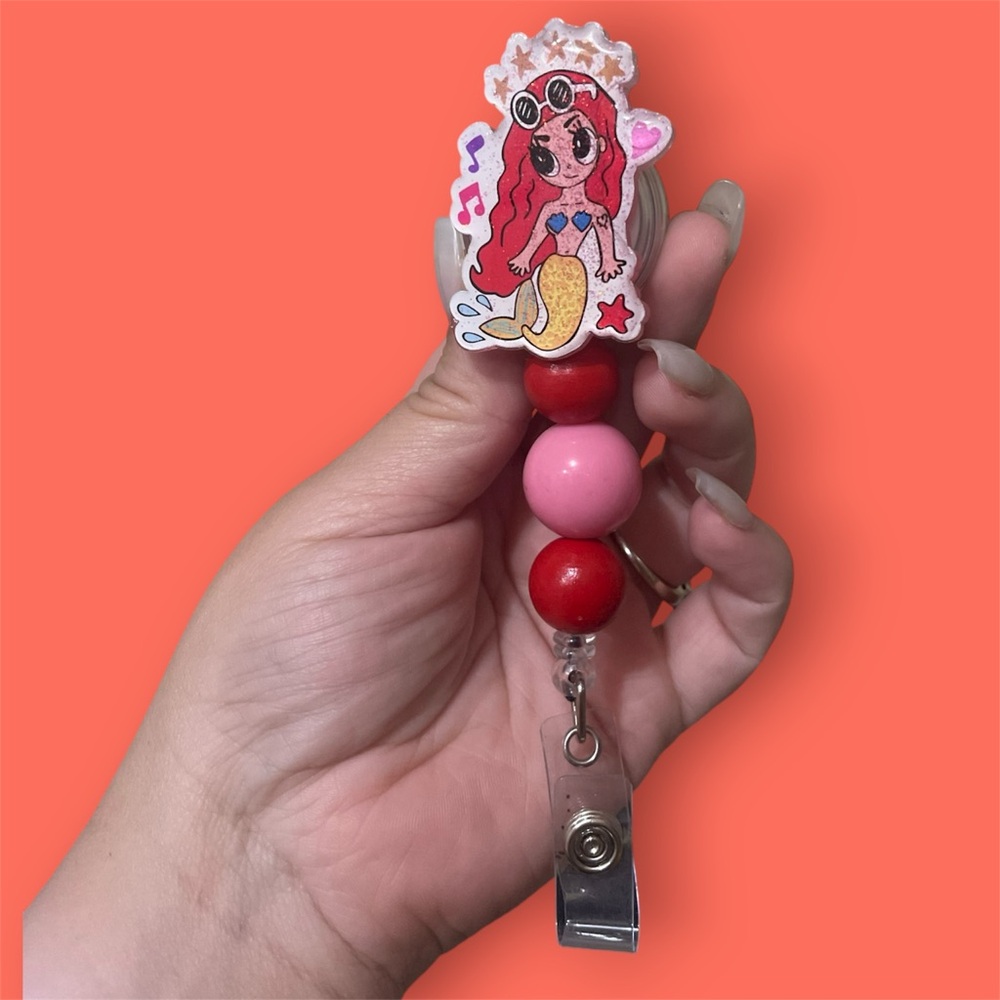 Mermaid Badge Reel with Red and Pink Beads